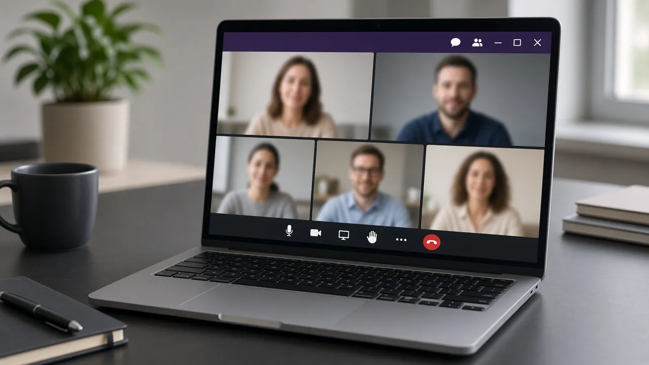 Photograph of a laptop showing a video meeting interface with a deep purple accent bar and participant tiles