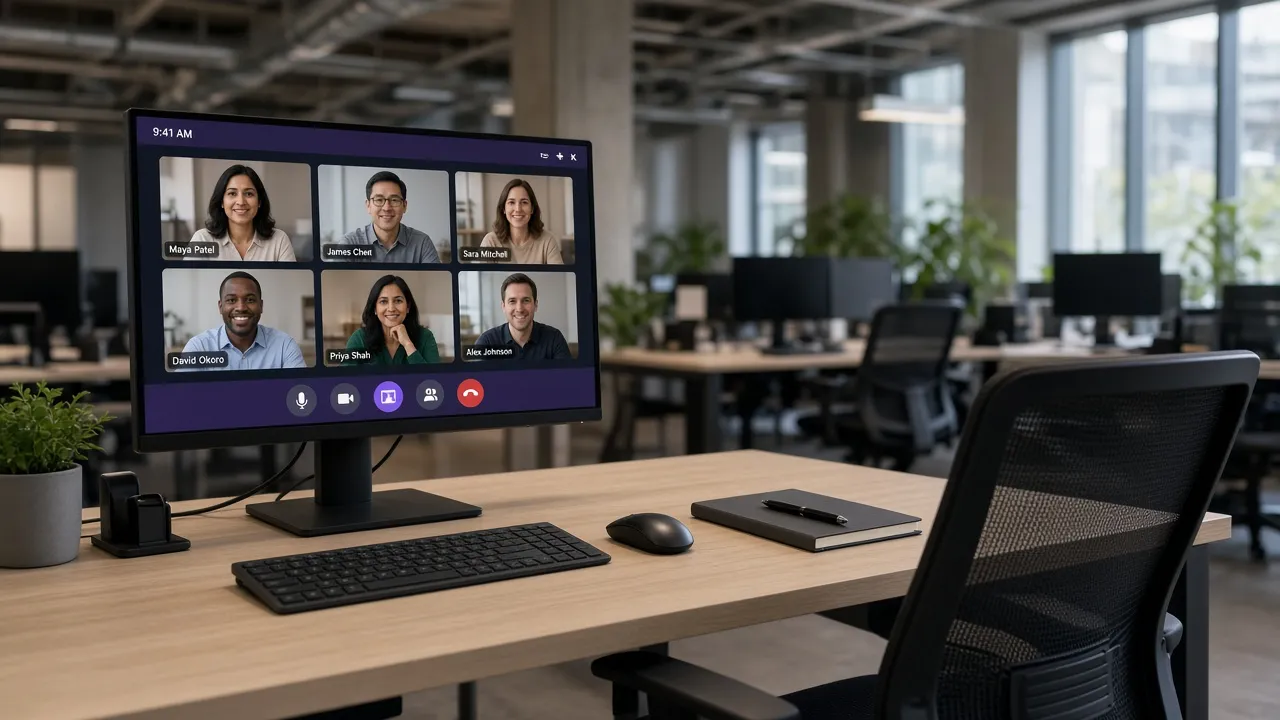 Open-office photograph of a monitor at a hot desk showing a purple meeting interface