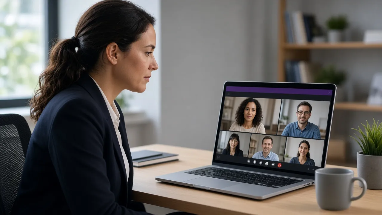 Office photograph of a person nodding at a laptop whose screen is a purple-accent meeting call
