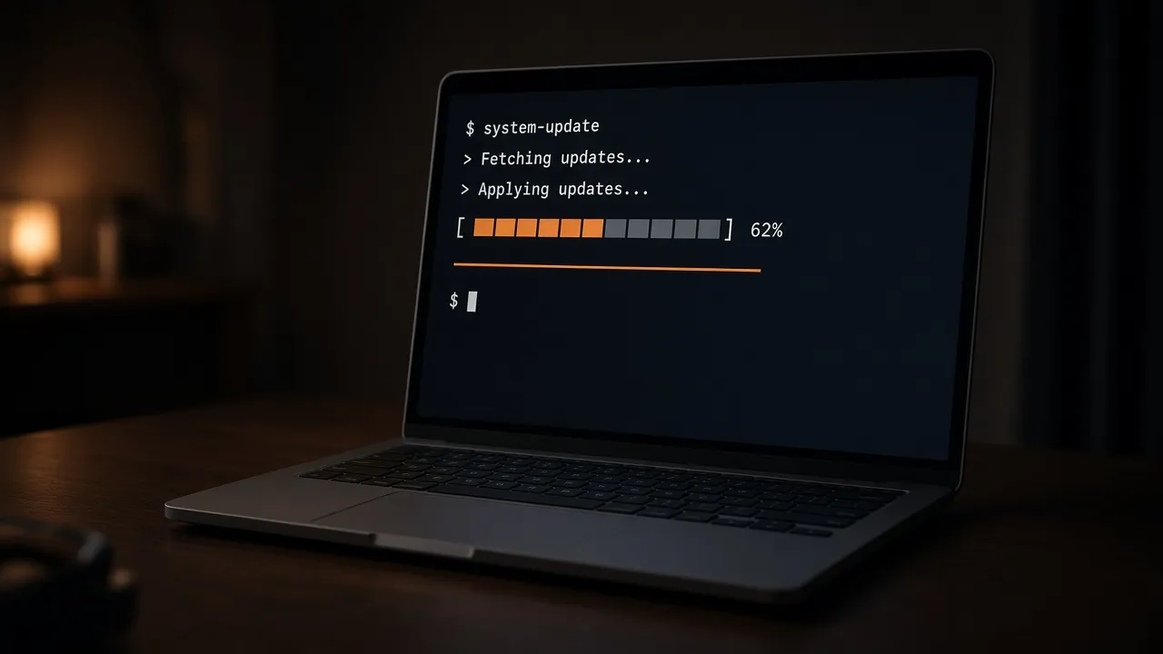 Photograph of a laptop in a dim room showing a dark terminal update screen with a few lines of text and a progress indicator, subtle orange accent