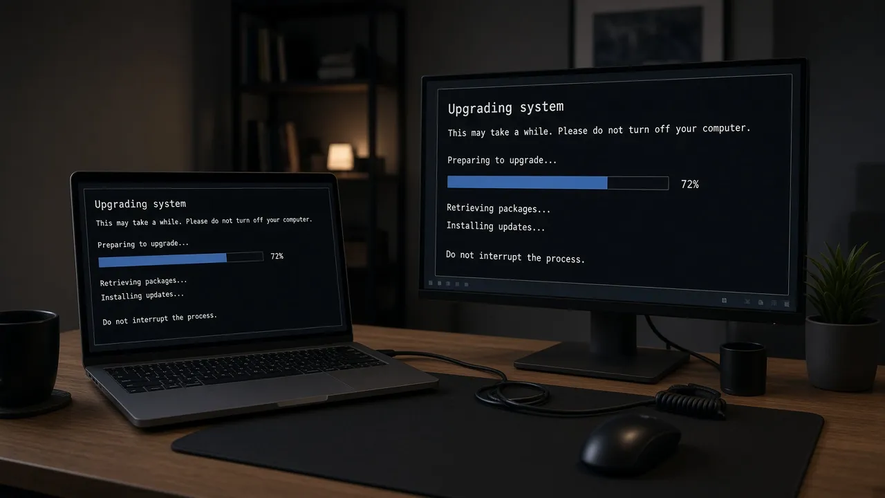 Linux desk photograph with a laptop and an external monitor both showing a dark upgrade screen