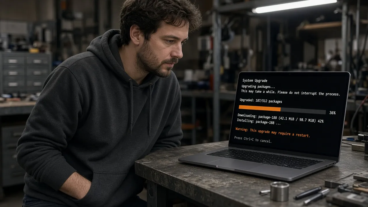 Photograph of a developer standing beside a laptop whose screen is a dark system-upgrade terminal