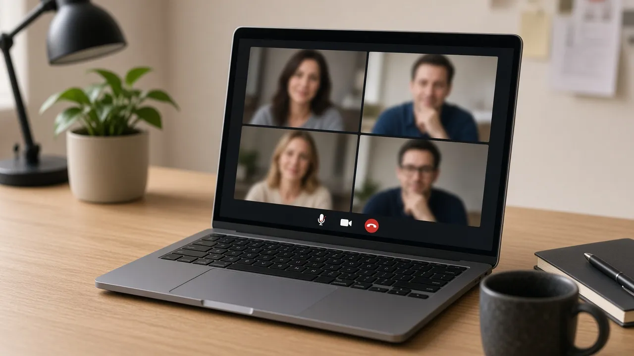 Photograph of a laptop showing a video-meeting grid of softly blurred participants and mute icons on a dark interface
