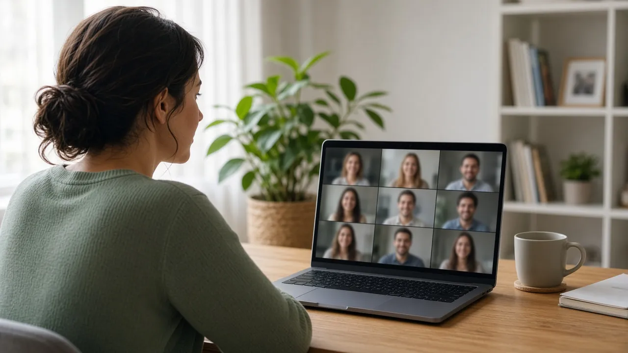 Home-office photograph of a person turned toward a laptop that shows a full video-call gallery