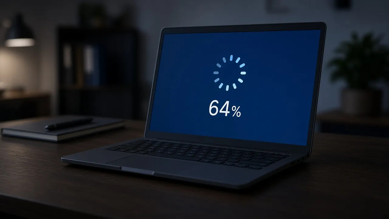 Photograph of a laptop in a dim office showing a blue software update screen with a circular spinner and a large percent