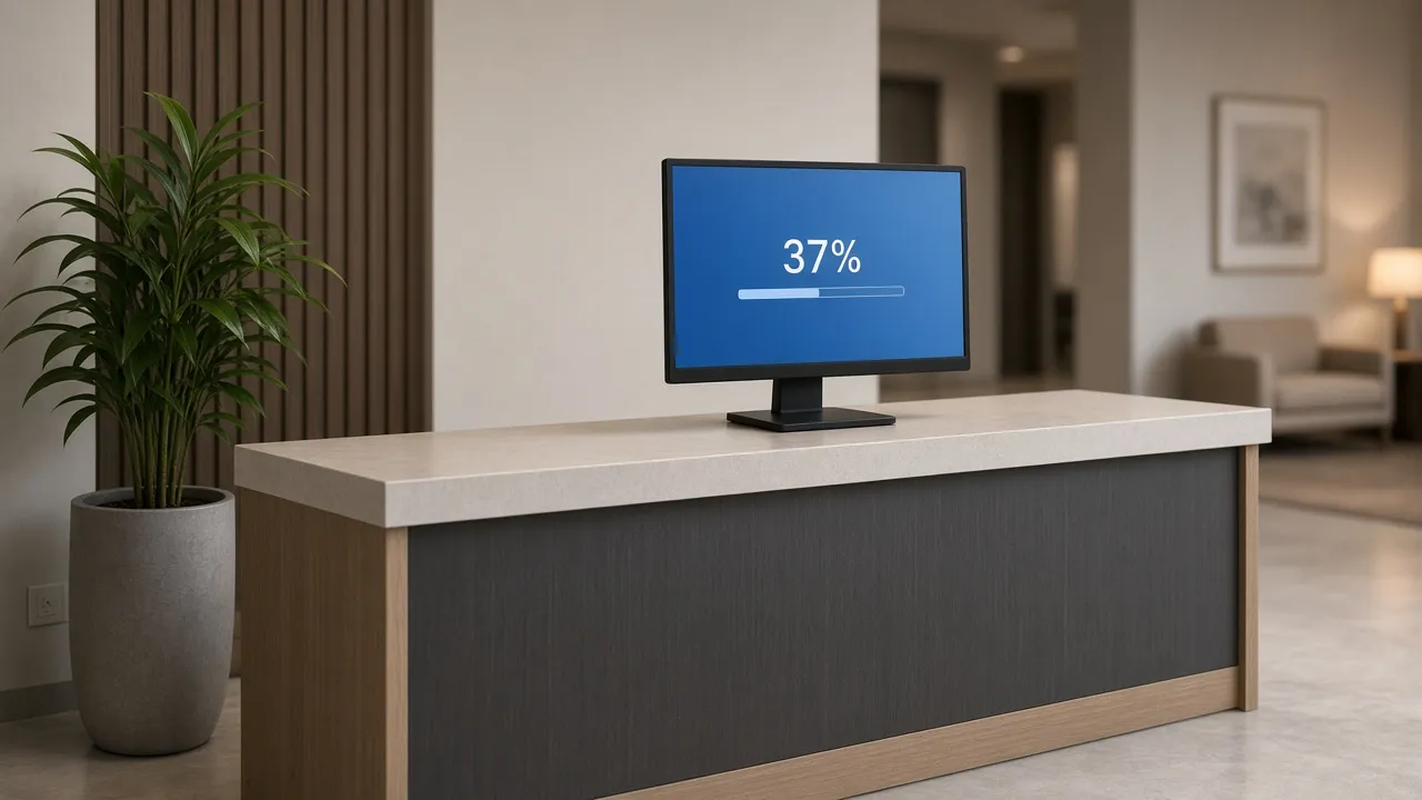 Reception-desk photograph of a monitor facing the room, blue update screen with a progress percent