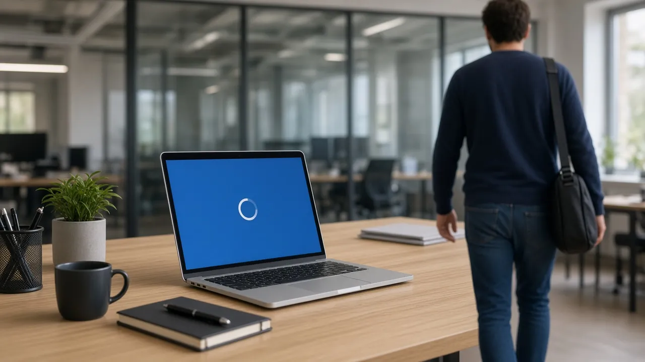 Photograph of a person walking away from a laptop left on a blue updating screen in a shared office