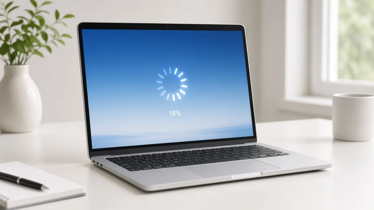 Photograph of a thin modern laptop showing a centered glowing radial spinner on a calm blue gradient update screen