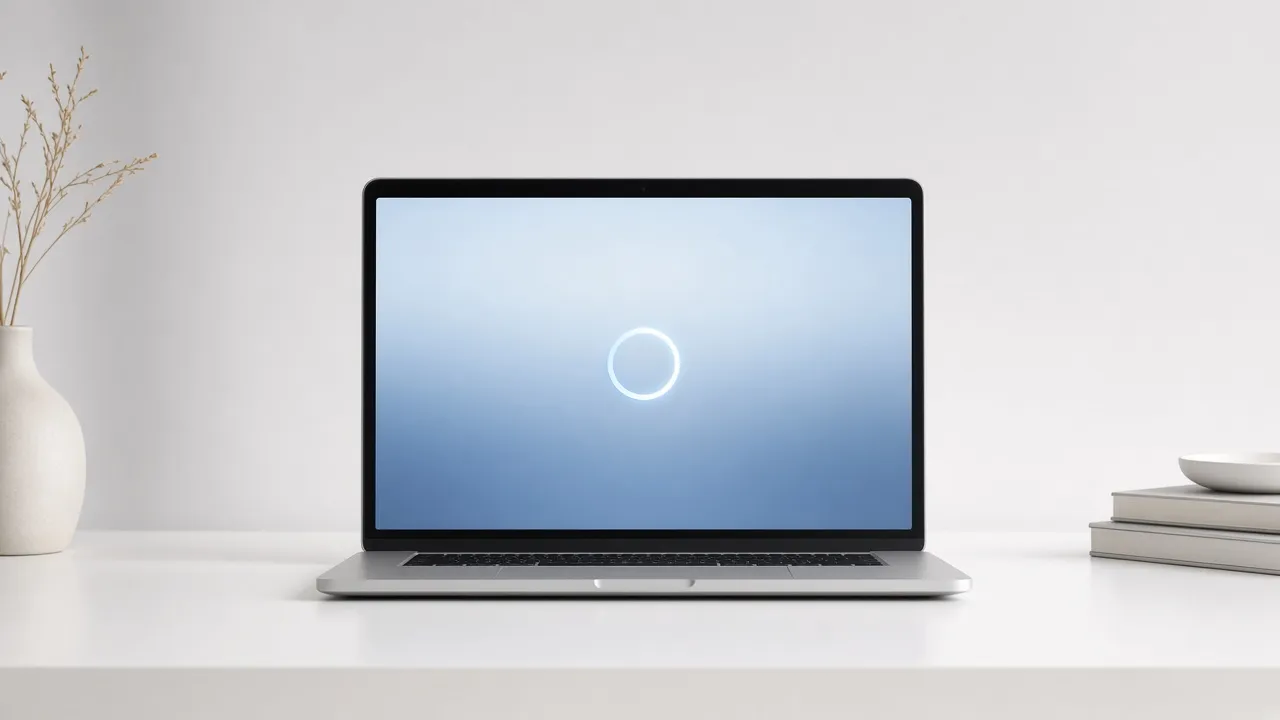 Minimal white desk photograph, laptop centered, screen filled with a soft blue update spinner