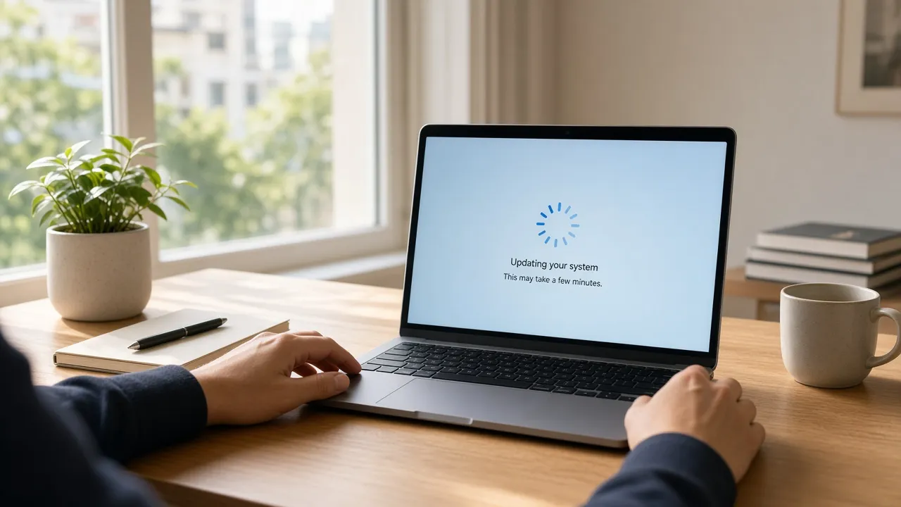 Bright apartment desk photograph of hands opening a laptop already sitting on a modern blue update screen