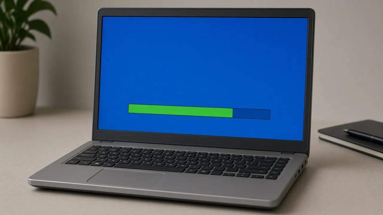 Photograph of an older silver laptop showing a classic blue setup screen with a horizontal green progress bar