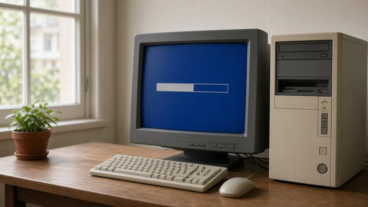 Photograph of an old PC on a wooden desk, monitor showing only a blue setup screen and progress bar