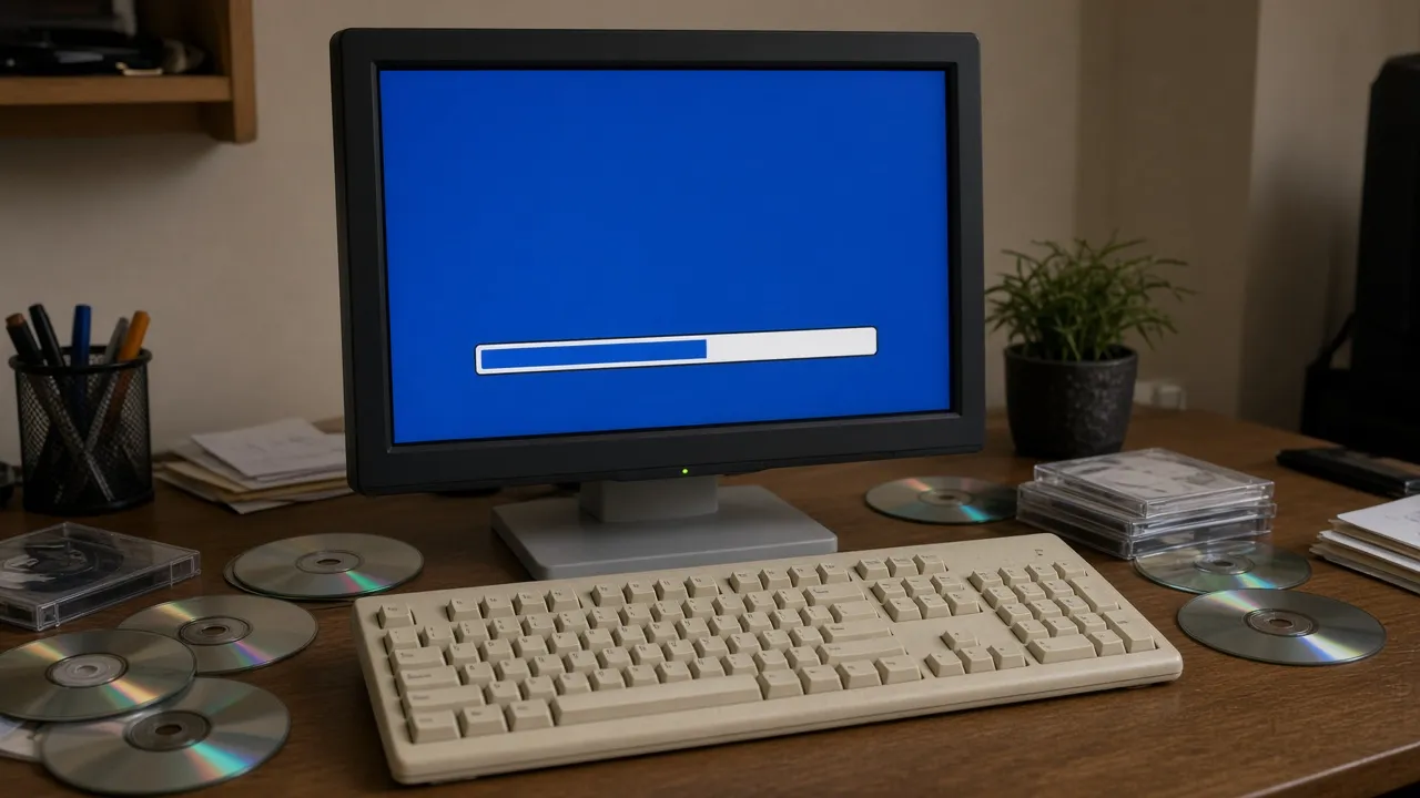 Cluttered early-2000s desk photograph, boxy monitor stuck on a blue installation progress screen