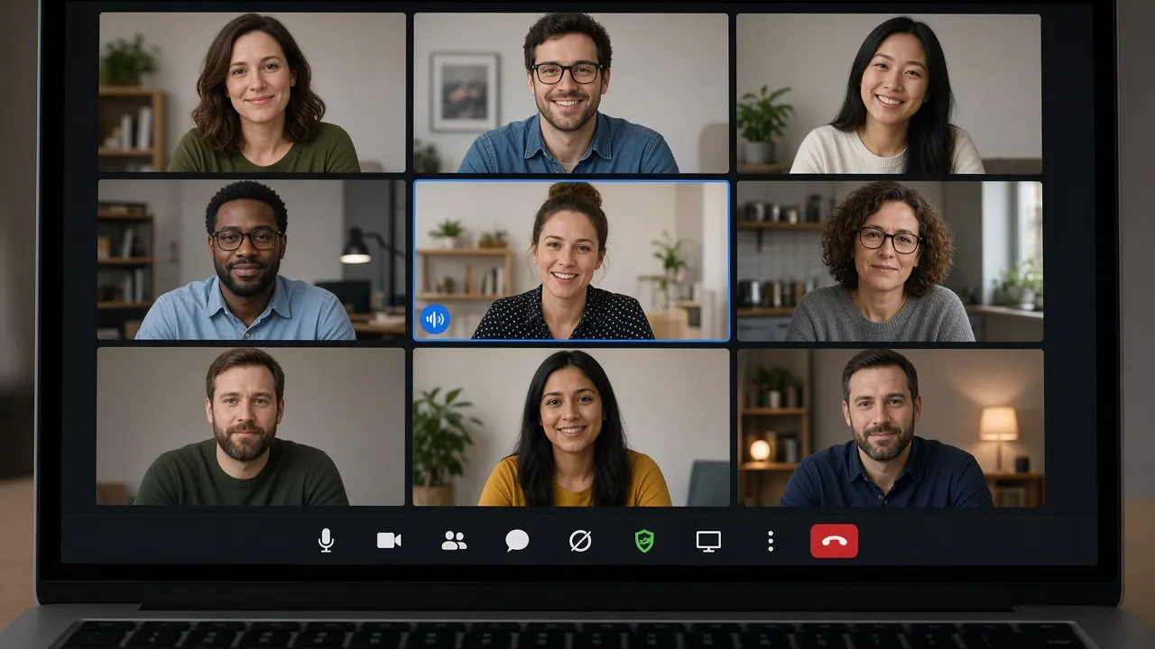 Photograph of a laptop screen filled with a blue-accent video meeting gallery and an active speaker border