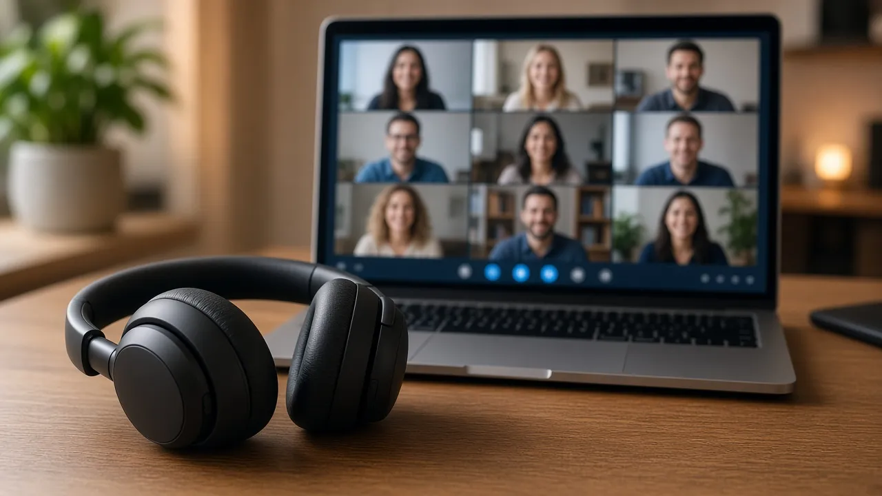Photograph of headphones on a desk in front of a laptop running a blue video-meeting gallery