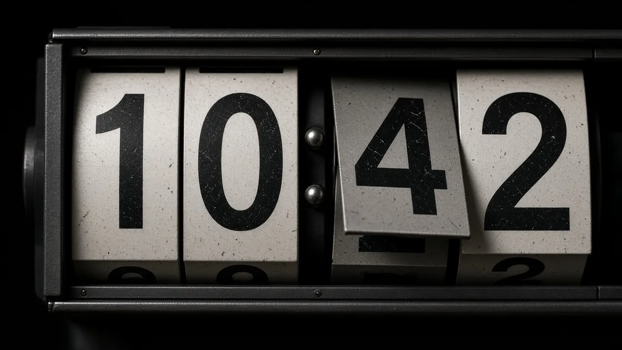 Macro photograph of a screen showing large mechanical split-flap clock digits, half a flap caught mid-turn