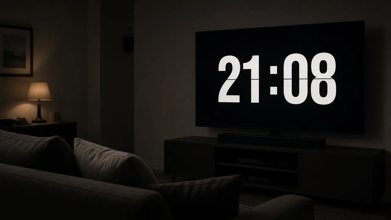 Living-room photograph at night, television showing only oversized split-flap numerals