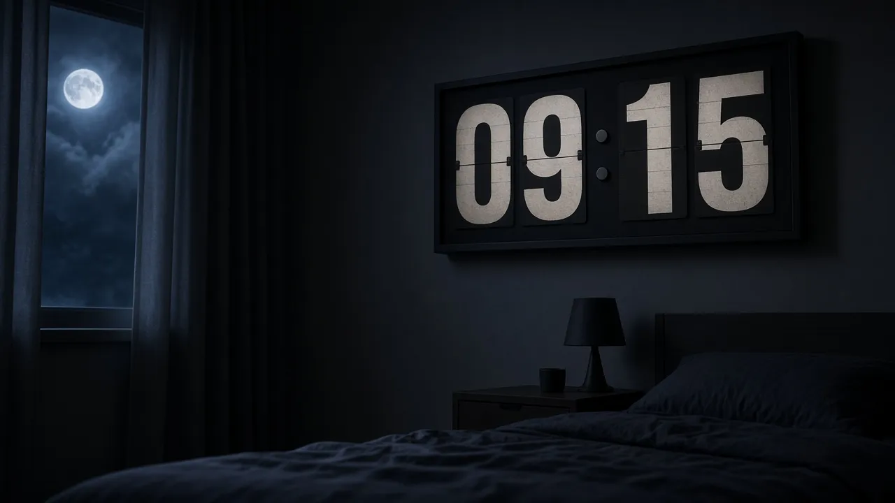 Bedroom photograph of a wall-mounted display running a giant flip clock, room otherwise dark