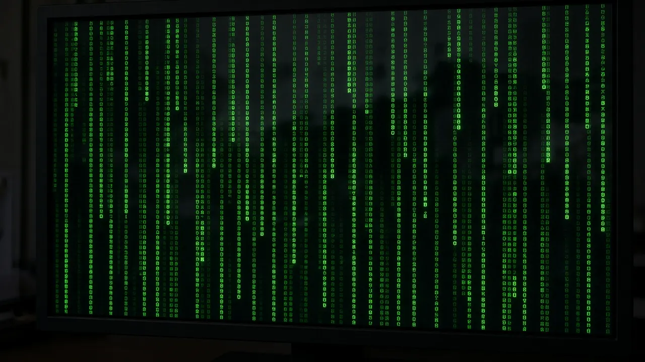 Close photograph of a monitor filled with cascading green monospace characters on pure black