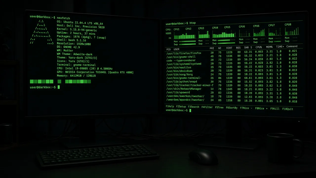 Dark dual-monitor desk photograph, both screens filled with green terminal text, cables visible