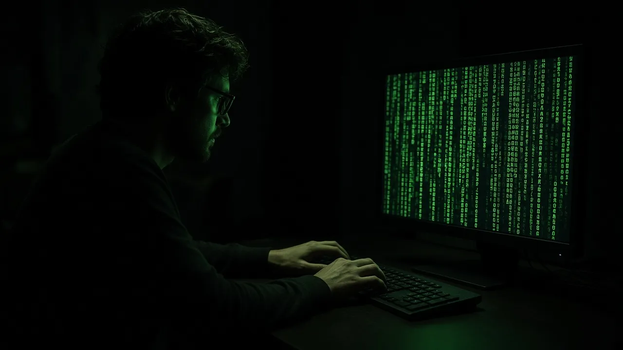 Side photograph of a person typing in a dark room, green terminal light on their hands and glasses