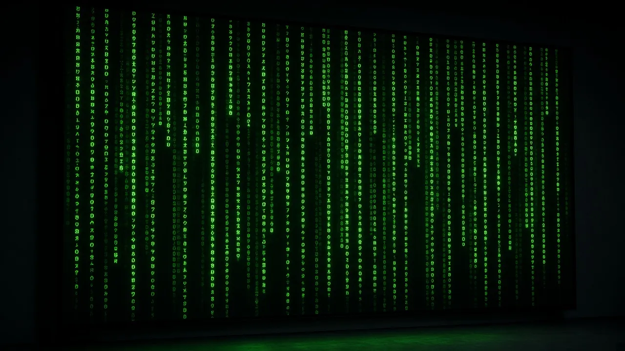 Photograph of a large display in a dark room covered in falling green digital rain on pure black