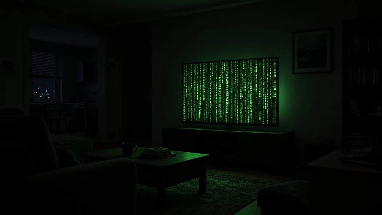 Wide photograph of a dark apartment, a single television glowing with green matrix rain
