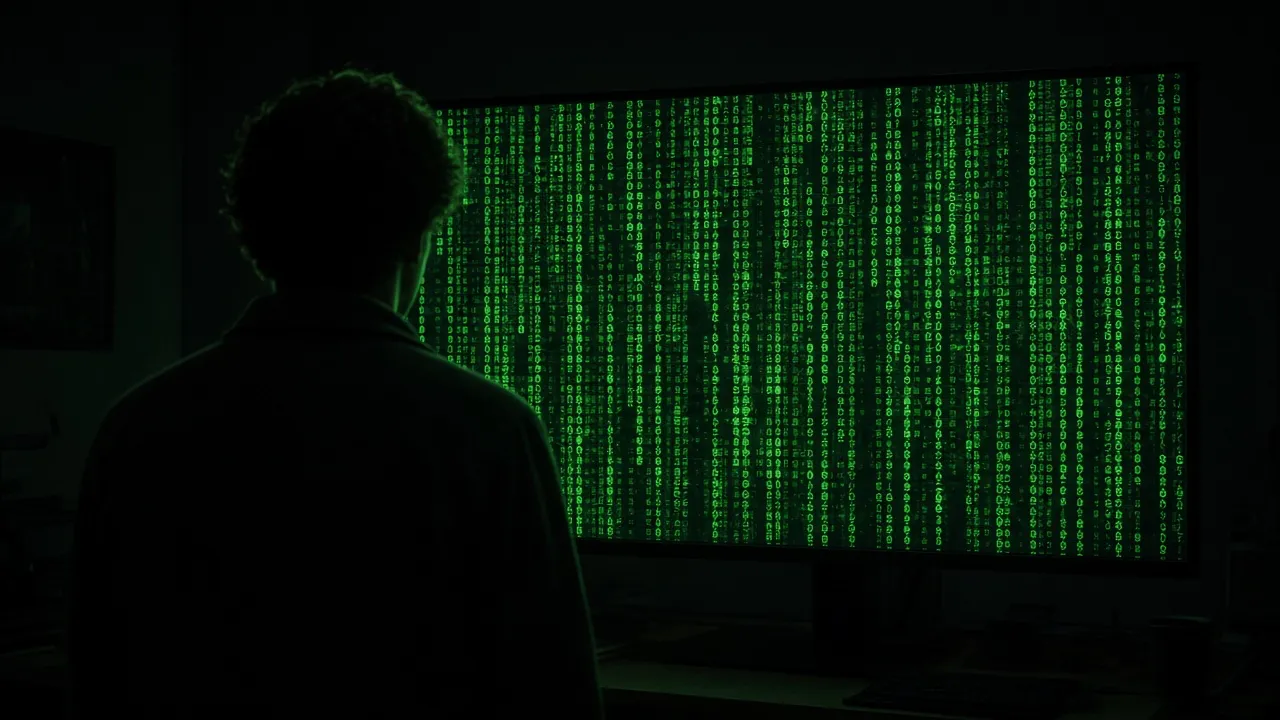 Photograph of someone standing in front of a monitor filled with green falling code, room lights off