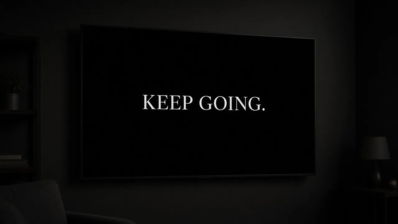 Photograph of a dark television with one short elegant white sentence centered on pure black