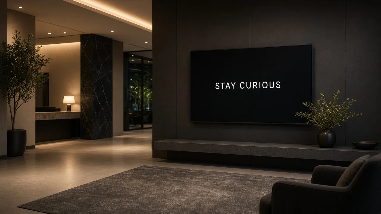 Lobby photograph of a large display on a dark wall with a single white quote