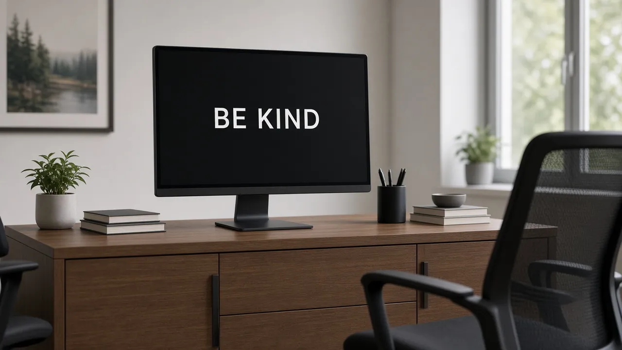 Quiet office photograph of a monitor on a credenza showing a centered quote, chairs empty