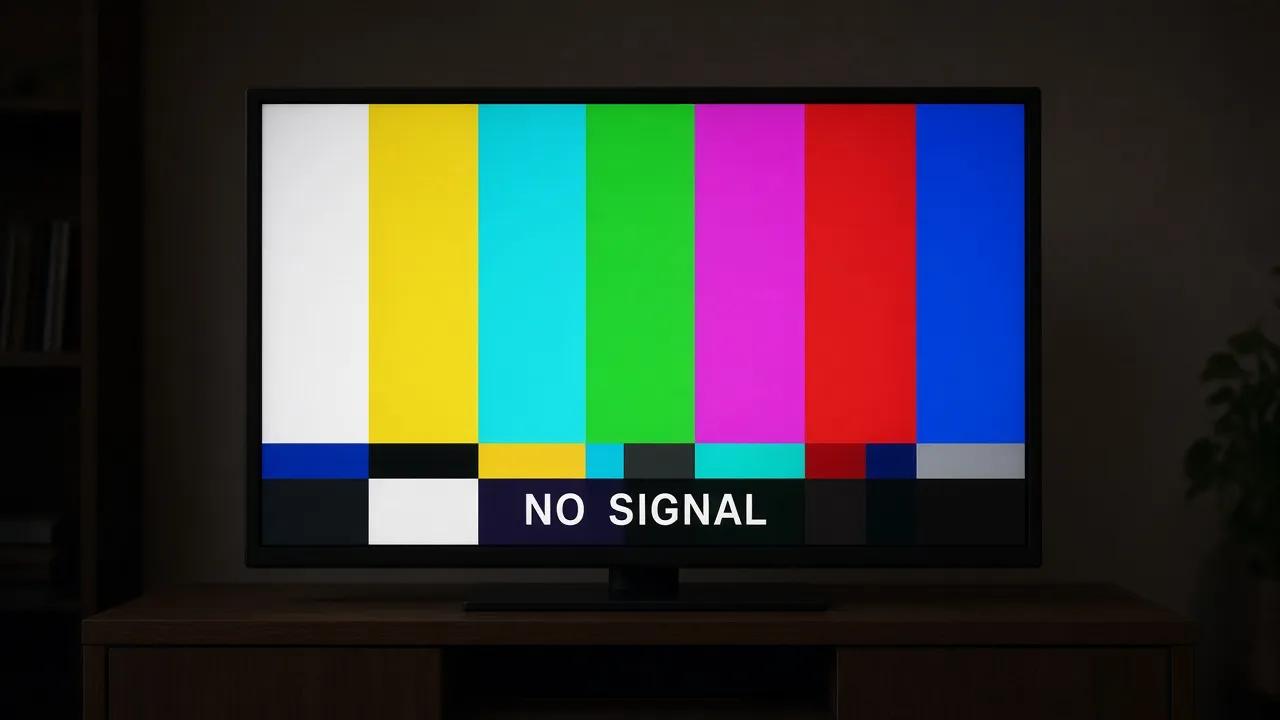 Photograph of a television showing classic SMPTE color bars with a small no-signal caption