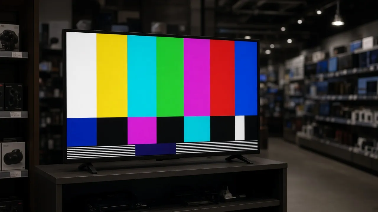 Electronics-shop photograph of a TV on a stand showing only color bars in a dim aisle