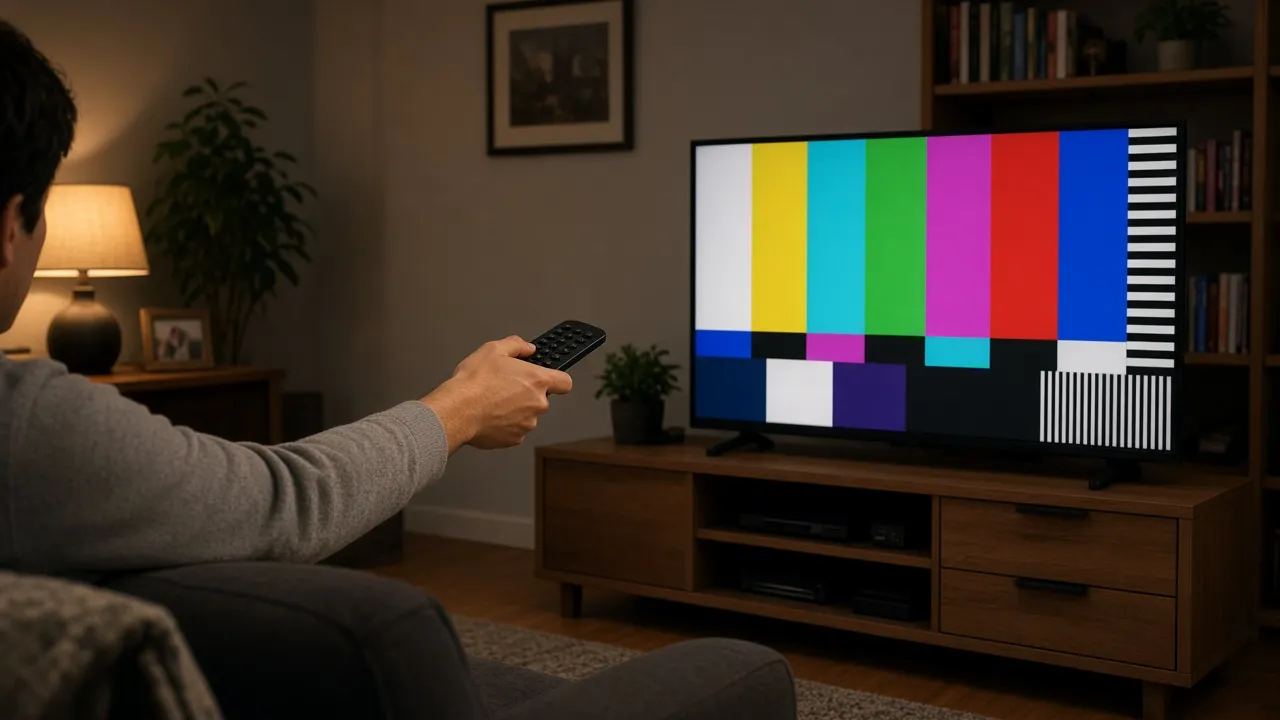 Photograph of a person pointing a remote at a TV that has switched to color bars