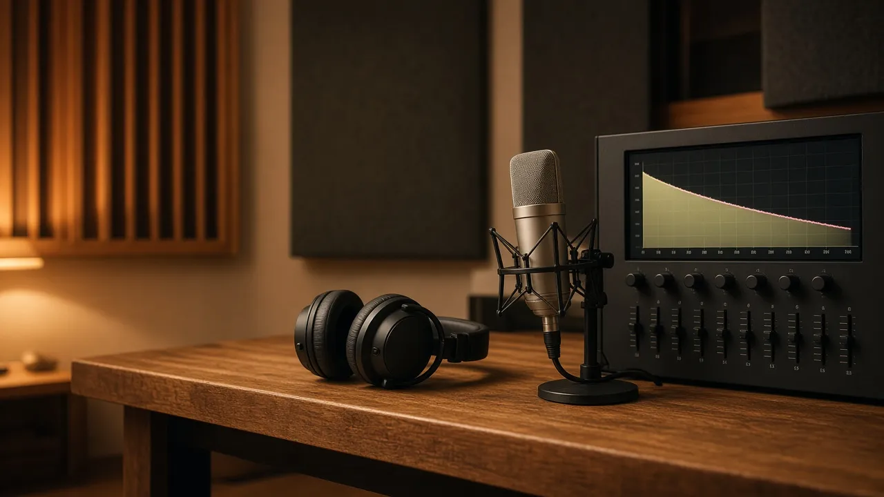 Warm recording studio photograph of a spectrum analyzer showing a gently descending pink-noise slope, with a condenser microphone on the bench