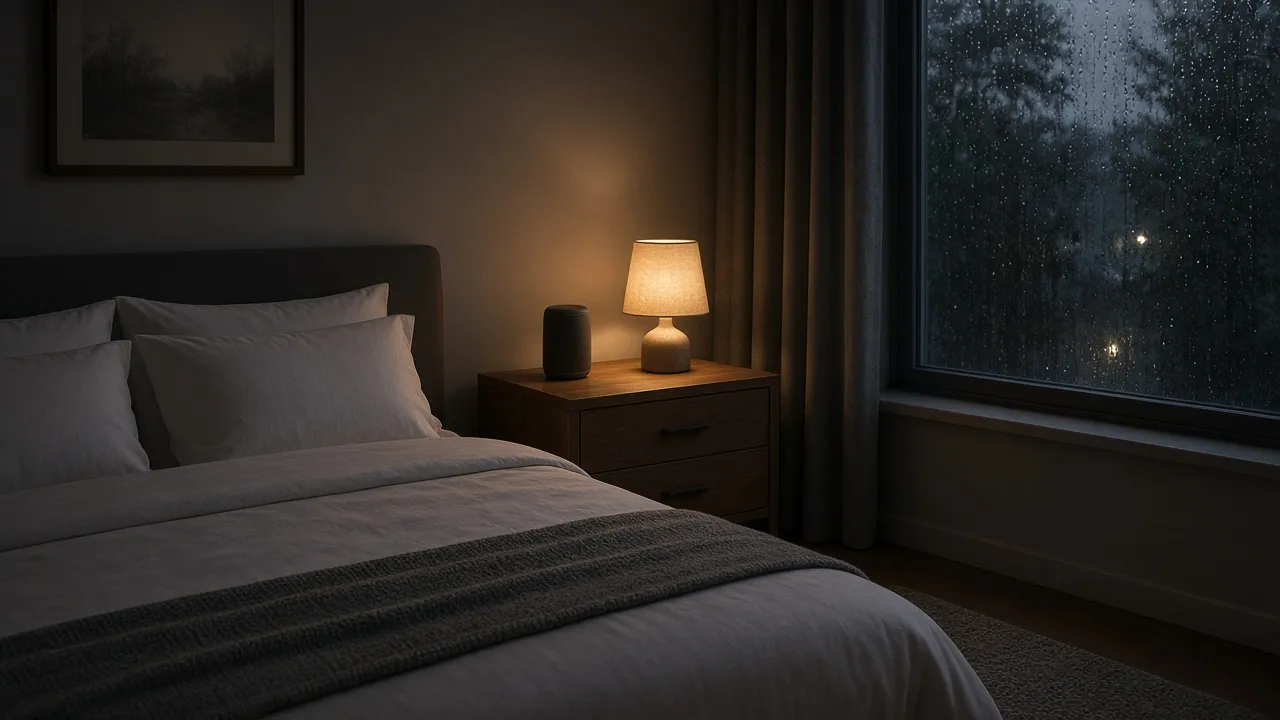 Nighttime bedroom photograph with a small speaker on the nightstand across from the bed, window showing light rain