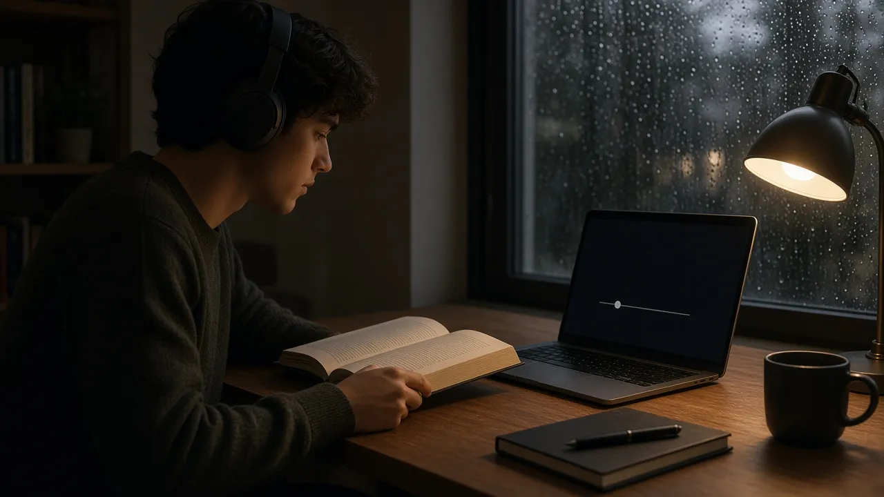 Quiet evening study desk photograph of a person wearing headphones while a laptop plays soft pink noise beside an open book