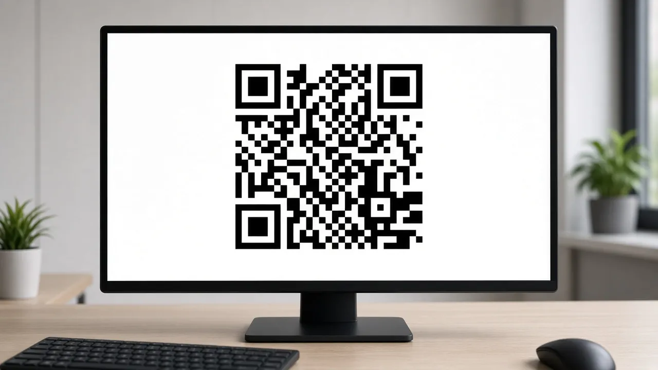 Photograph of a large monitor showing one high-contrast black-and-white QR code centered on white