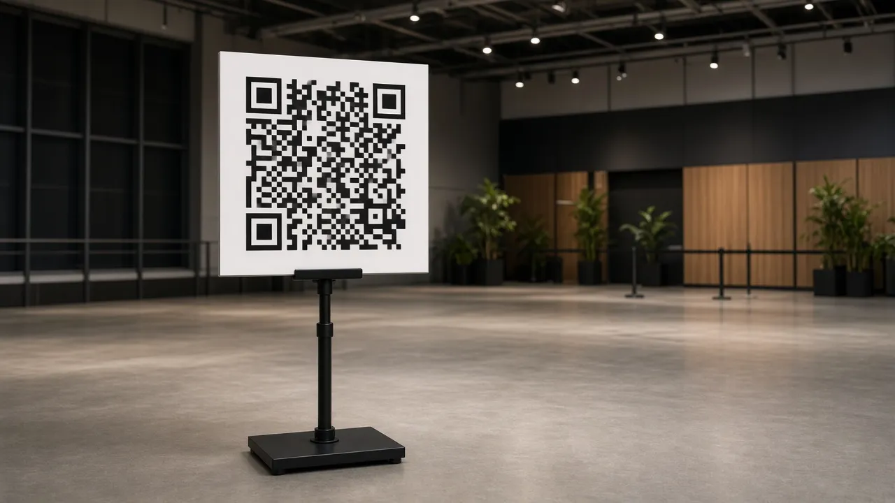 Event-space photograph of a display on a stand showing a large QR code, a few steps of open floor in front