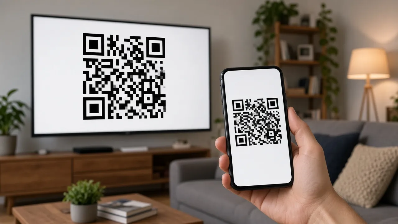 Photograph of a person holding a phone up to scan a QR code displayed on a television