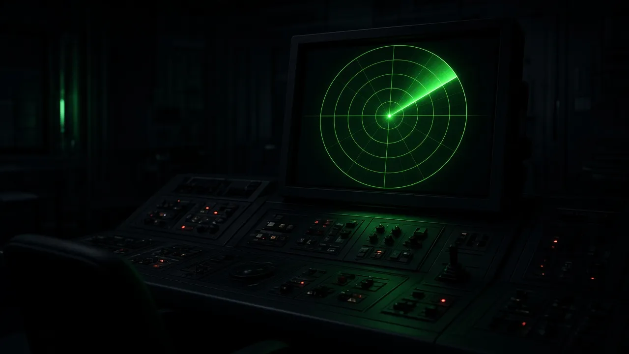 Dark operations-room photograph of a large monitor showing a green circular radar scope with a bright sweep line
