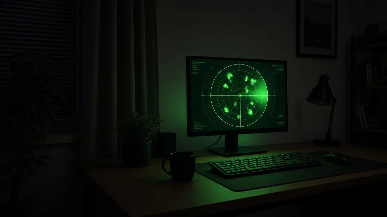 Nighttime home-office photograph, single monitor casting a green radar glow across the desk