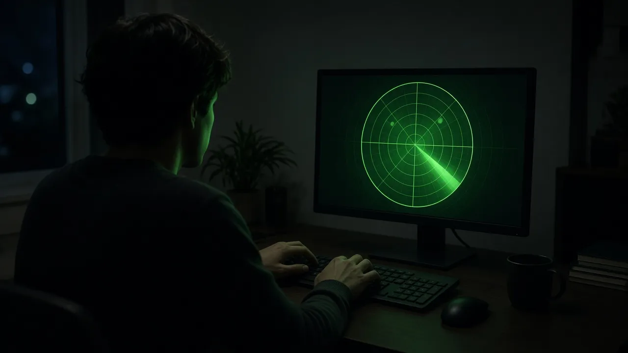 Photograph of hands at a keyboard in a dark room, face lit only by a green radar display