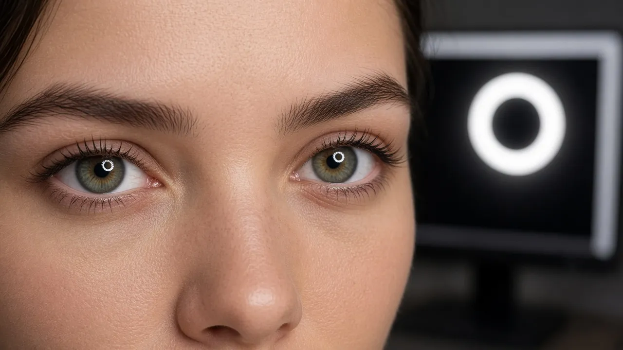 Close-up beauty photograph of eyes with crisp circular catchlights, a monitor behind the camera showing a bright white ring on black