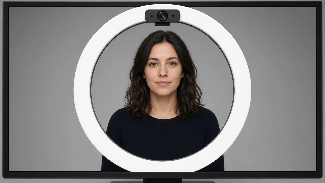Straight-on studio photograph of a webcam centered in the dark hole of a bright ring displayed on a monitor, subject seated opposite