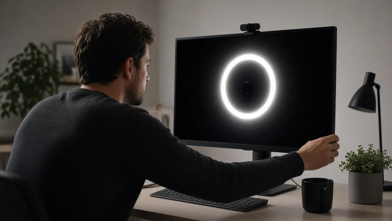 Creator desk photograph of a person tuning a fullscreen ring of white light on a monitor, webcam sitting in the dark center