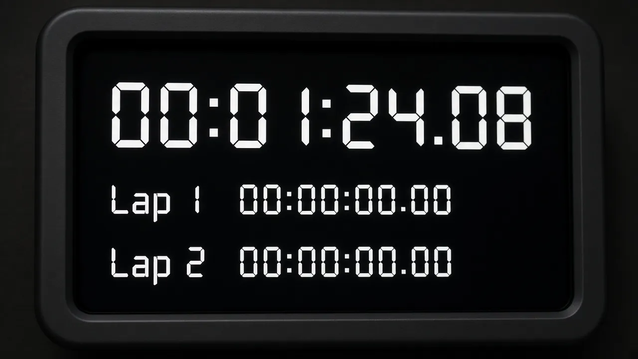 Close photograph of a large dark display running a crisp white stopwatch at 00:01:24.08 with two lap rows beneath