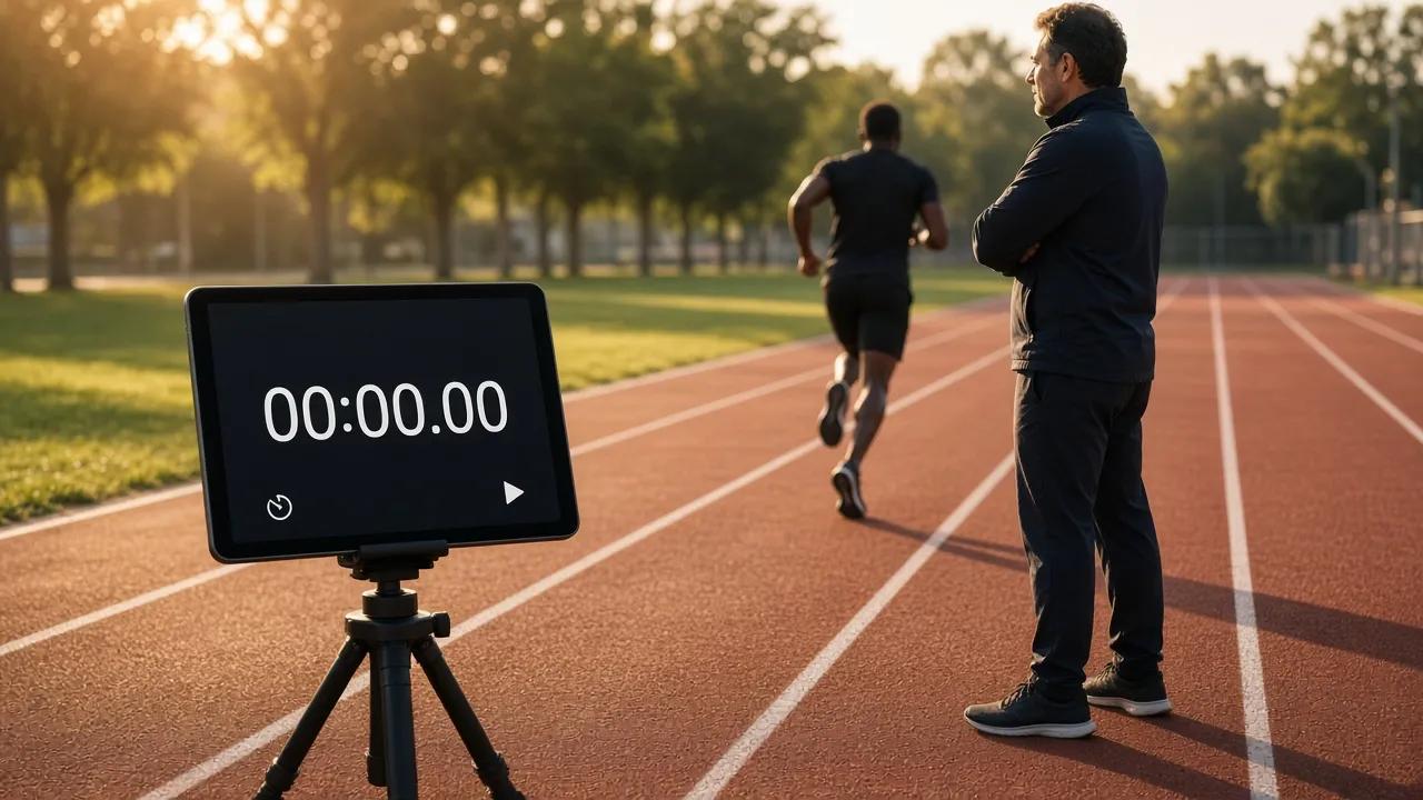Outdoor track photograph of a tablet on a stand at the lane edge showing a large stopwatch, coach watching a sprinter
