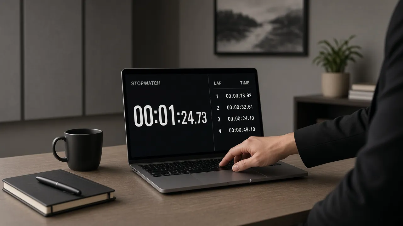 Coaching-room photograph of a speech coach tapping a laptop spacebar while a fullscreen stopwatch and lap list fill the screen