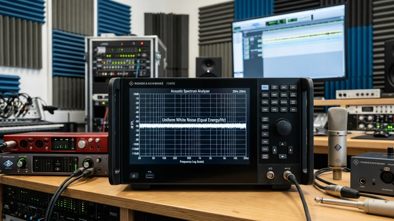 Laboratory acoustic spectrum analyzer displaying flat white noise frequency curve from 20 Hz to 20 kHz